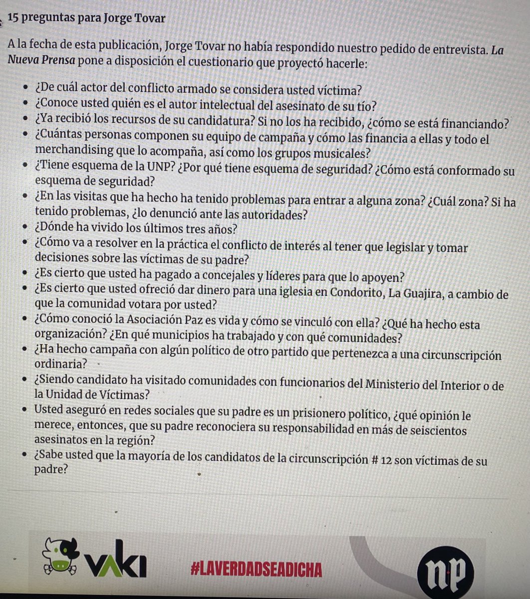 HELIODOPTERO's tweet photo. Quince preguntas que no quiso contestarle a ⁦@lanuevaprensaco⁩ el hijo del narcotraficante y genocida Jorge 40, quien hurtó los derechos electorales de las víctimas que su sanguinario padre asesinó y desplazó. https://t.co/OY7FQ7nxz3