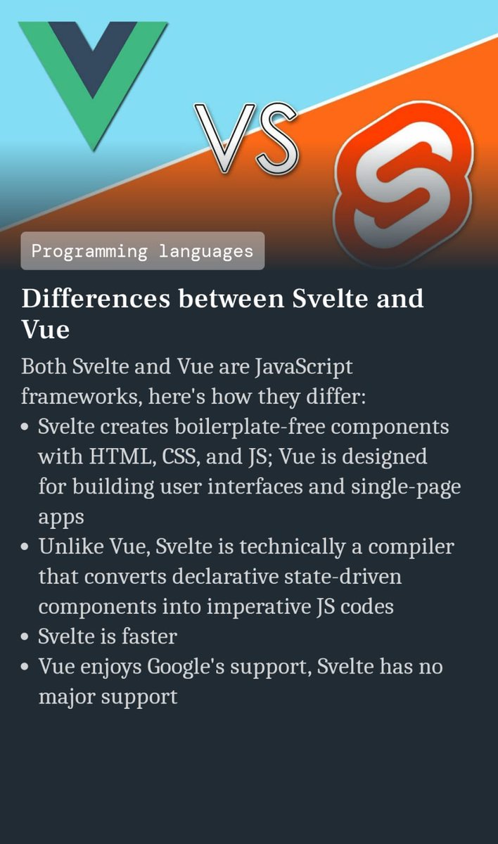 DevBytesApp's tweet image. JavaScript Fundamentals - Svelte and Vue frameworks

#JavaScript #100DaysOfCode #DevBytes