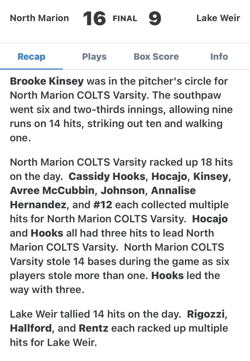 Another W this week for the Lady Colts 16-9 over Lake Weir! <a href="/OcalaPreps/">Ocala Preps</a>
