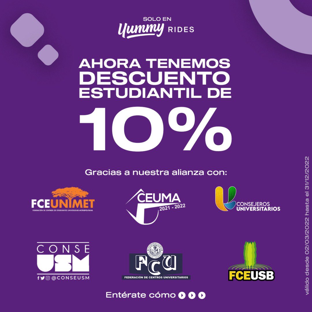 FCEUNIMET's tweet photo. Unimetanos! Les traemos un nuevo beneficio con nuestros aliados de @YummyRides https://t.co/MyEUdxFzH1
