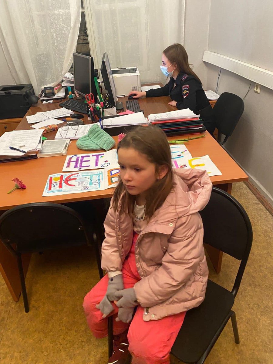 Putin is at war with children. In Ukraine, where his missiles hit kindergartens and orphanages, and also in Russia. 7 y.o. David and Sofia, 9 y.o. Matvey, 11 y.o. Gosha and Liza spent this night behind bars in Moscow for their ‘NO TO WAR’ posters. This is how scared the man is.