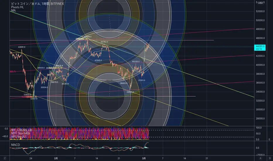 BTCの上昇も一服といったところでしょうか。アークでいうと上からは3rdのレジ、下からは4thのレジで止まってるところです。 $46000あたりに抵抗帯があるので、4thを抜けても上値はやや重そうな感じ。 また赤色の上昇チャネル上段も近いので、ロングを#BTCUSD