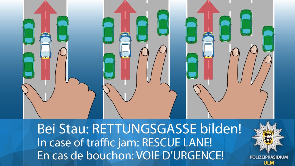 Bild zeigt die grafische Darstellung einer Rettungsgasse. Rettungsgasse immer zwischen dem linken und den übrigen Fahrstreifen bilden. Auf der Banderole steht in drei Sprachen (Deutsch, Englisch, Französisch): Bei Stau - Rettungsgasse bilden!