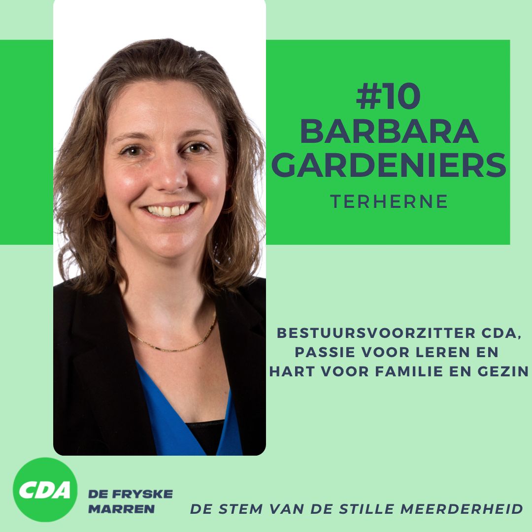 Op plek #10 staat <a href="/BGardeniers/">Barbara Gardeniers</a> uit Terherne. Bestuursvoorzitter van CDA De Fryske Marren. Met passie voor leren en hart voor familie en gezin. 💚
#vertrouwdendichtbij #GR2022 #ikstemCDA