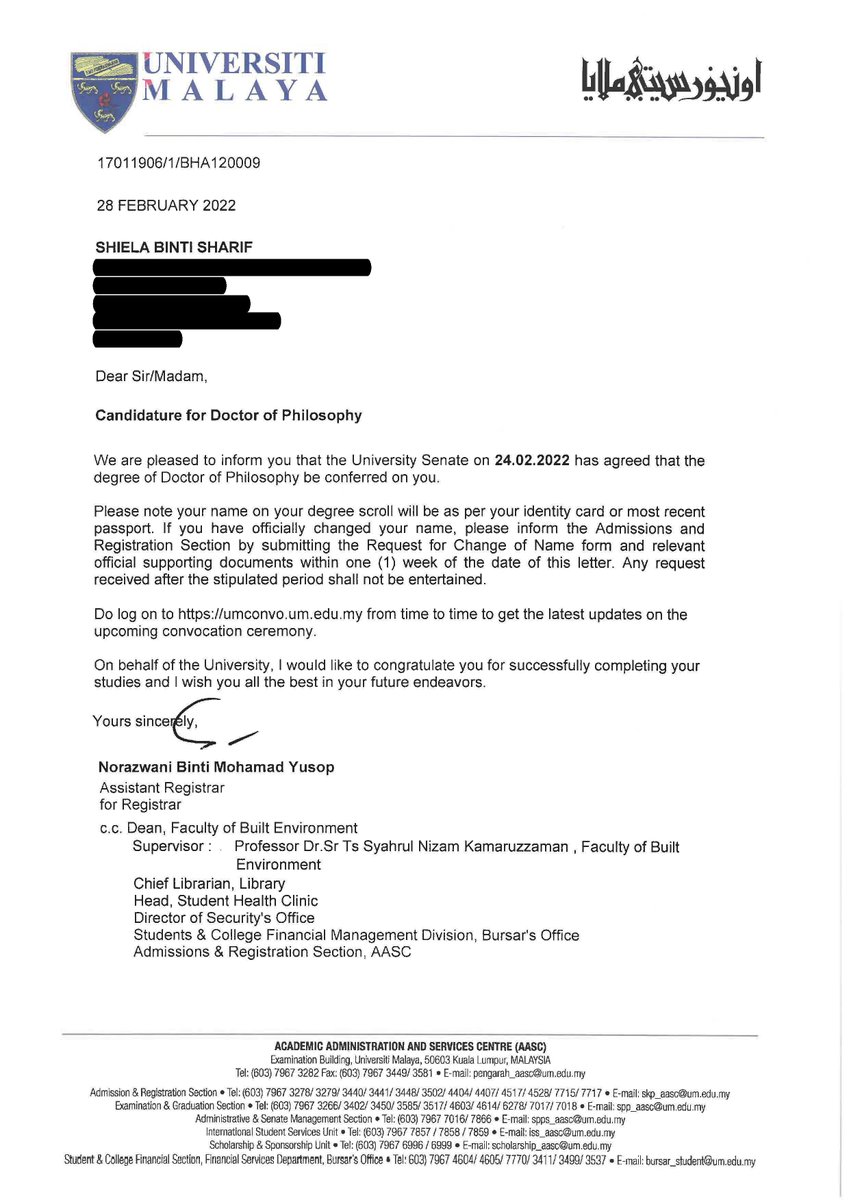 Syabas &amp; tahniah diucapkan kepada JMK Ir. Dr. Shiela binti Sharif kerana dianugerahkan Ijazah "Doctor of Philosophy " daripada UM. Beliau telah menyempurnakan kajian bertajuk “Critical Success Factors in Implementing Green Government Building: A Case Study of Menara Kerja Raya)”.