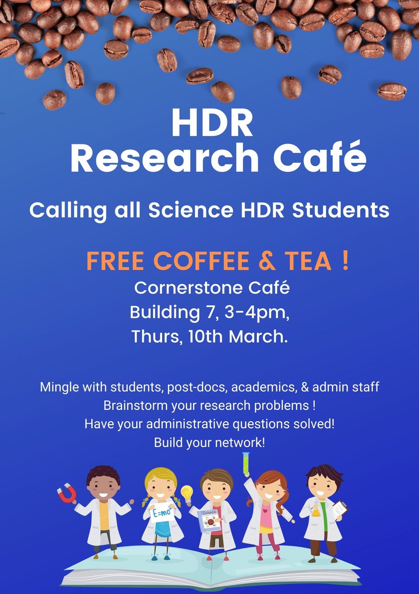 UTS SPDA (@uts_spda) on Twitter photo Hey <a href="/UTS_Science/">UTS Science</a> post-docs 👋
Come along to the first in-person HDR #research café for 2022!
You can meet the HDR students, maybe offer some friendly advice, and drink some free coffee ☕ 👨🏻🔬👩🔬 Hey <a href="/UTS_Science/">UTS Science</a> post-docs 👋
Come along to the first in-person HDR #research café for 2022!
You can meet the HDR students, maybe offer some friendly advice, and drink some free coffee ☕ 👨🏻🔬👩🔬