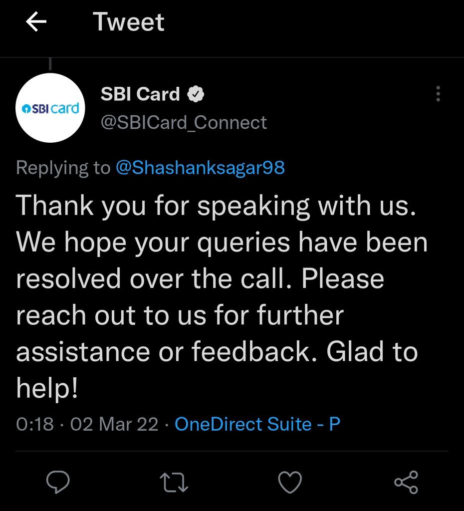 Kya. Service h bhai 😏😏card walo ki . Na phone , na msg  or bina contact kiye query resolve v ho gyi !!!! Jabardast service 😡😡😡😡<a href="/SBICard_Connect/">SBI Card</a>  are <a href="/nsitharaman/">Nirmala Sitharaman</a> madam kindly attention .