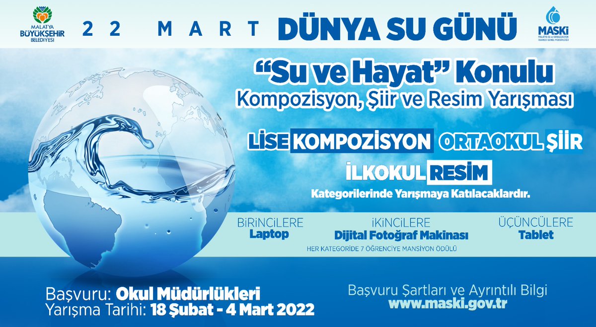 “Su Ve Hayat” Konulu Şiir, Kompozisyon Ve Resim Yarışmamız İçin Son Başvuru Tarihi 4 Mart 2022 Cuma
Ayrıntılı Bilgi İçin…
maski.gov.tr/haber_detay.as…