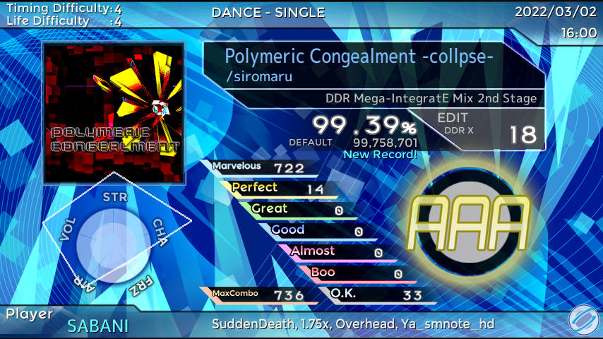 Shionome_Sabani's tweet photo. StepManiaで「Polymeric Congealment -collpse-」をプレイしました！ スコア：99.39% #SMResult
終わったああああああああああああああああああああ https://t.co/nzJxatmqOW