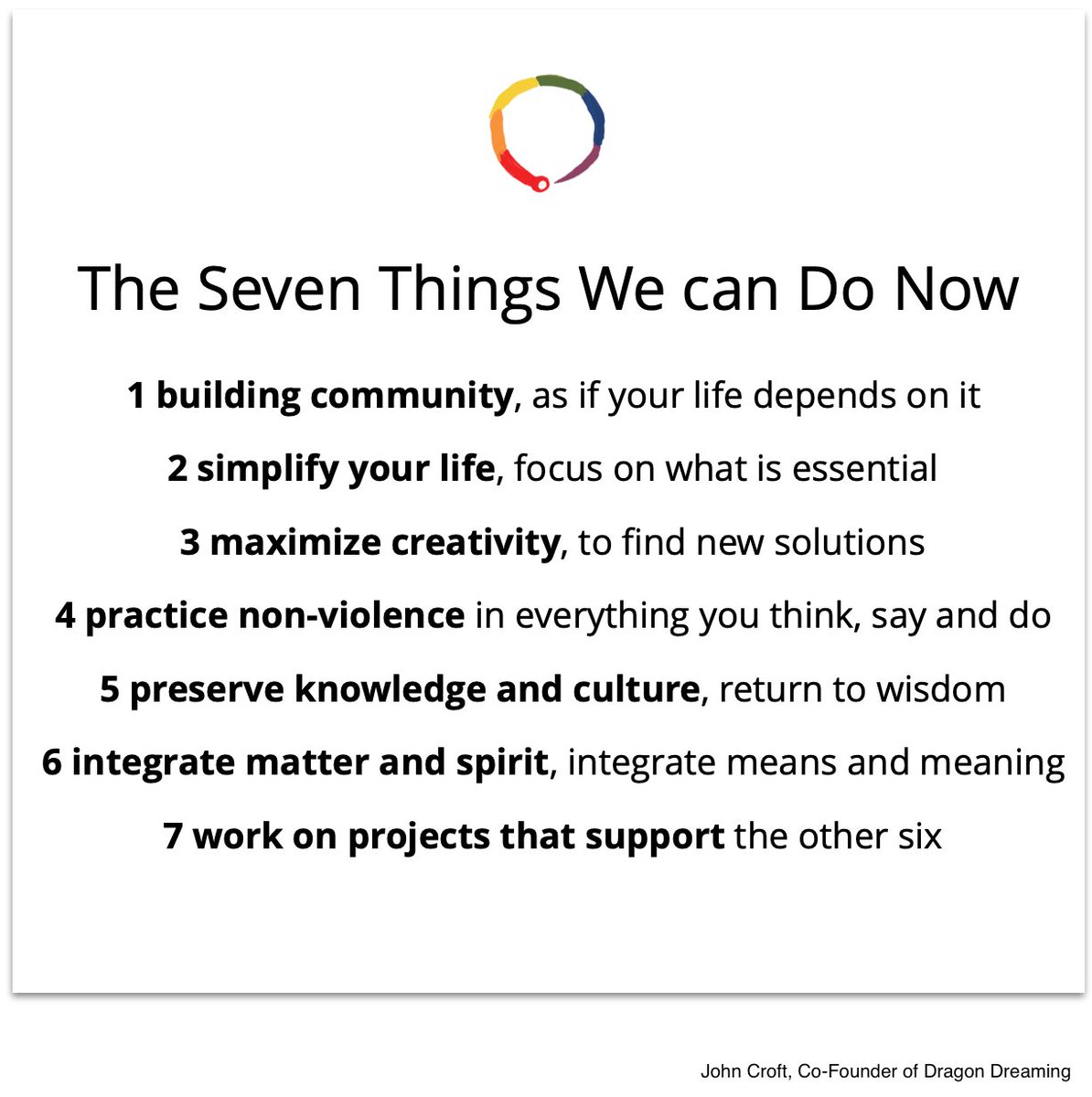 Dragon Dreaming co-founder John Croft named 10 years ago SEVEN THINGS WE HAVE TO DO NOW
The list is more up to date than ever.

Join us for our online-course in March:
dandelion.earth/events/61ed48f…

#DragonDreaming  #FacilitateChange #Activism #Method #CommunityBuilding