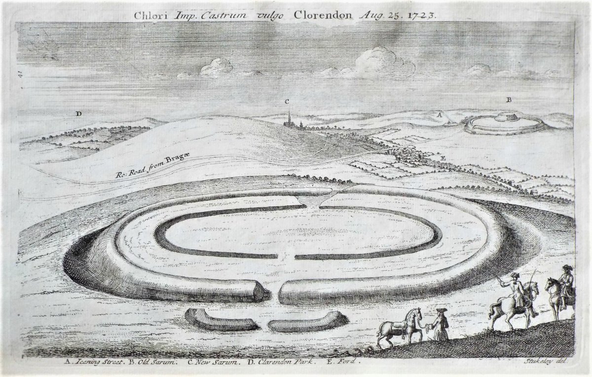 William Stukeley visited Chlorus Camp hillfort (Figsbury Ring) #Wiltshire in 1723 His drawing of the hillfort and inner henge looking SW shows the hillfort and castle of @EHOldSarum (B) and cathedral of Salisbury (C) in the distance #HillfortsWednesday #HengeWednesday