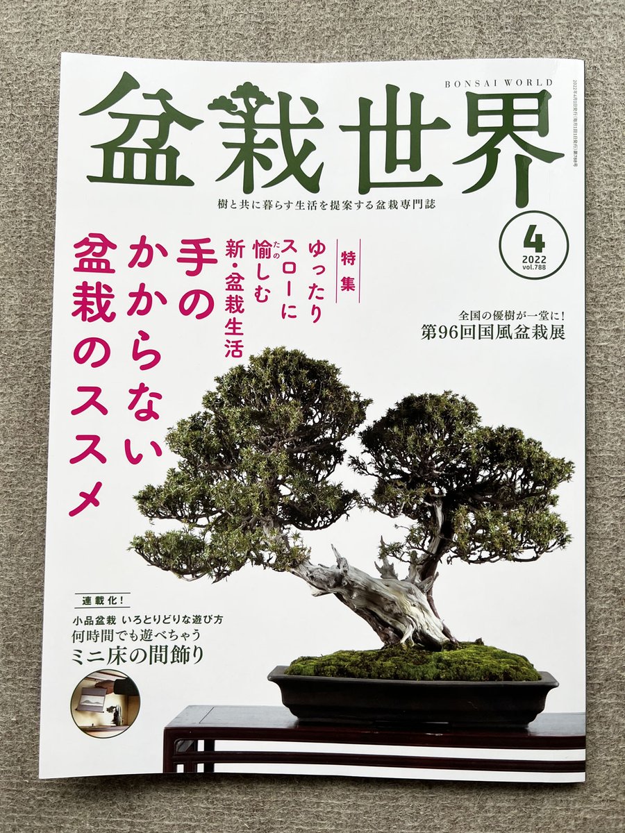 【盆栽世界4月号予告】
樹と共に暮らす生活を提案する盆栽専門誌『盆栽世界』最新号は4日発売!
今回の #水やる は梅と桜。憧れつつも苦手な理由とは…?
本誌メイン特集は「手のかからない盆栽のススメ」。最高かよ…!どんどんハードル下げて欲しいです。 #盆栽 #bonsai 
