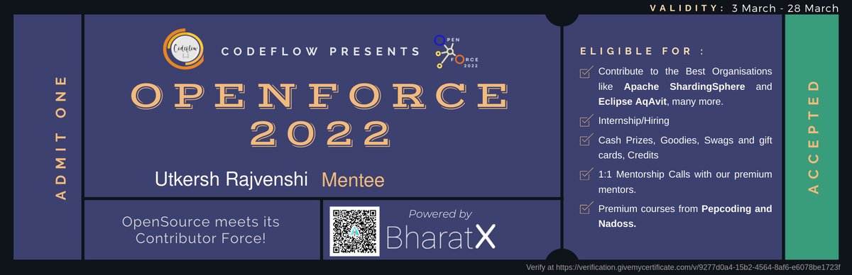 utkersh01's tweet image. Opensource meets its Contributor Force!

Got accepted as a mentee for OpenForce 2022!💜
Thanks @codefloworg

#codeflow #bharatx #openforce2022 #OpenSource #Coding