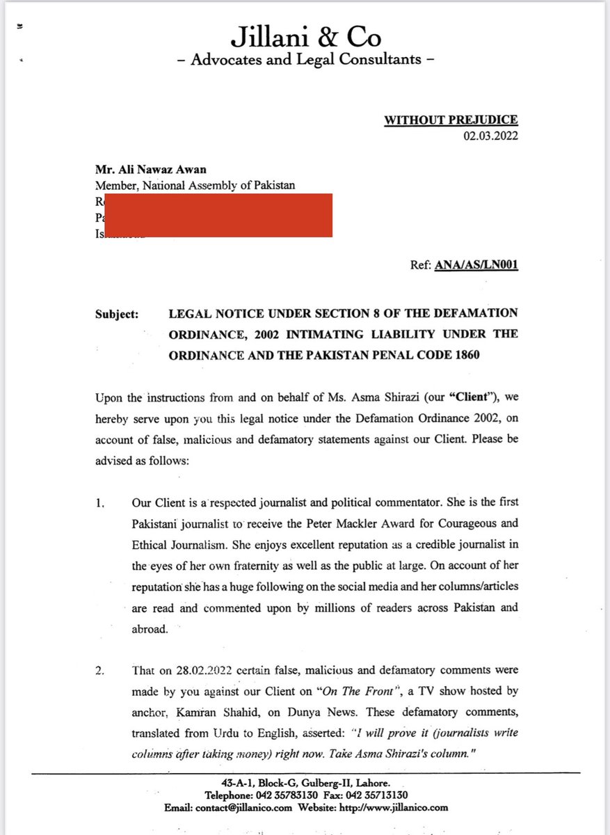 asmashirazi's tweet photo. Have sent a notice of defamation to Mr. Ali Nawaz Awan for his baseless and false comments which attempt to undermine my credibility and independence as a journalist.
@ImaanZHazir @nighatdad @saqibjillani https://t.co/7jc4AQQUpN