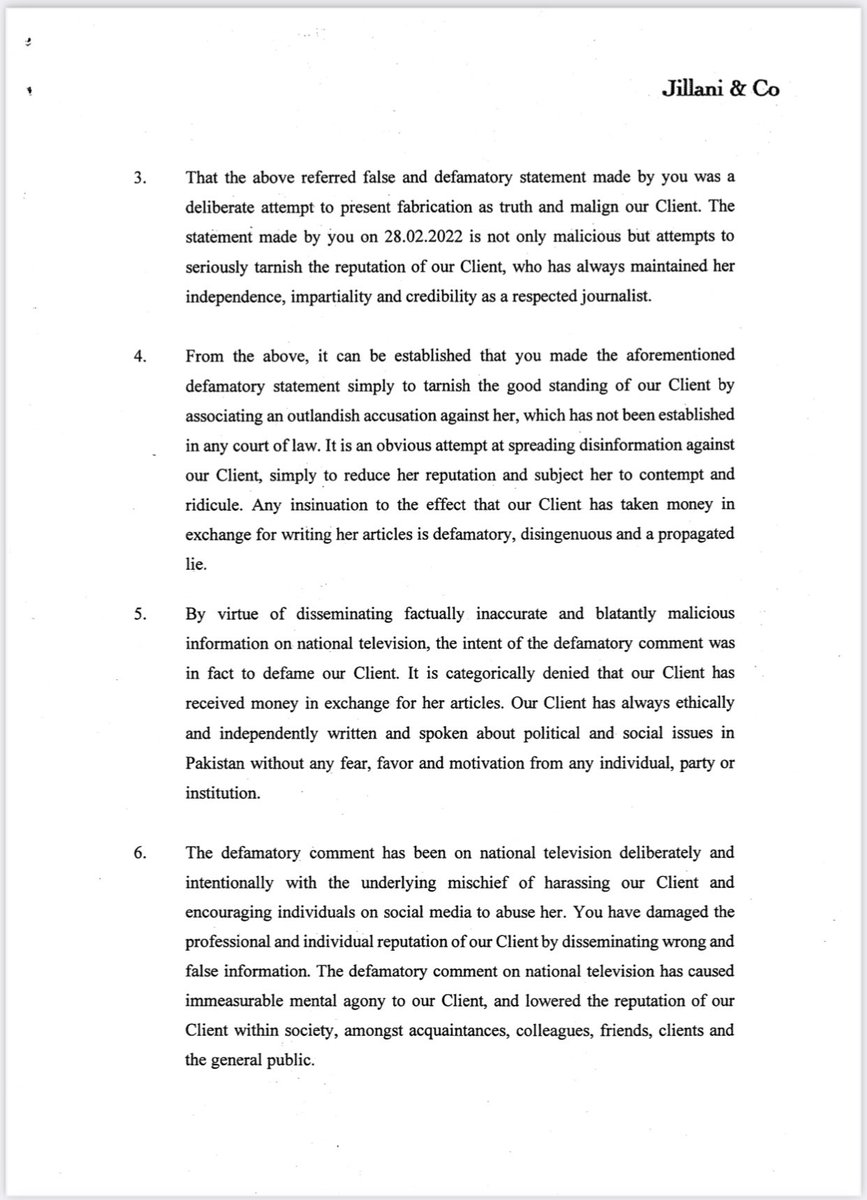 asmashirazi's tweet photo. Have sent a notice of defamation to Mr. Ali Nawaz Awan for his baseless and false comments which attempt to undermine my credibility and independence as a journalist.
@ImaanZHazir @nighatdad @saqibjillani https://t.co/7jc4AQQUpN