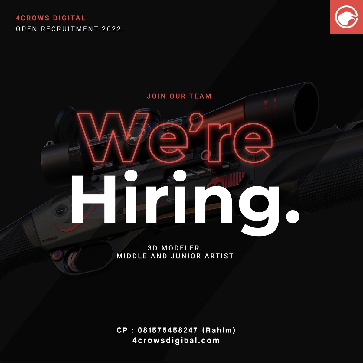4crowsdigital's tweet photo. We got you an awesome opportunity to be part of our team😎

4CROWS DIGITAL IS HIRING🚀

We are looking for a fun 3D modeler, middle, and junior artist🎨✨

Send us your portfolio via link below!
https://t.co/mUYQSOJqXv

Good luck! https://t.co/T3JcIQSO89