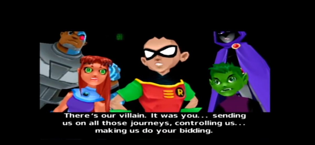 Dreamboum's tweet image. PS2 Teen Titans has a story where they're stuck in a video game and they seek the culprit, only to find  everything is fictional.

In the ending, they turn to the camera and look at you. You were the culprit all along. 

They ask you one last question: "are we free?". No answer.
