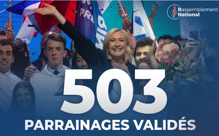 Η #ΜαρίνΛεΠεν συγκέντρωσε τις 500 υπογραφές δημαρχέσων και ειναι από χθες επίσημα υποψήφια. Απομένουν 41 σύντομες μέρες πριν από τον πρώτο γύρο: Προς τη νίκη!