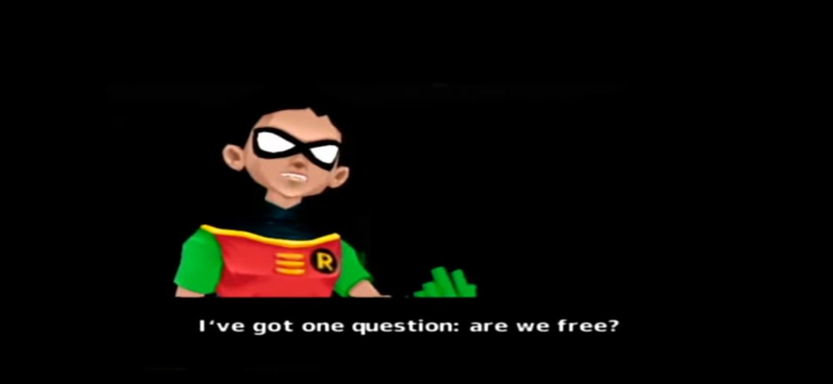 Dreamboum's tweet image. PS2 Teen Titans has a story where they're stuck in a video game and they seek the culprit, only to find  everything is fictional.

In the ending, they turn to the camera and look at you. You were the culprit all along. 

They ask you one last question: "are we free?". No answer.