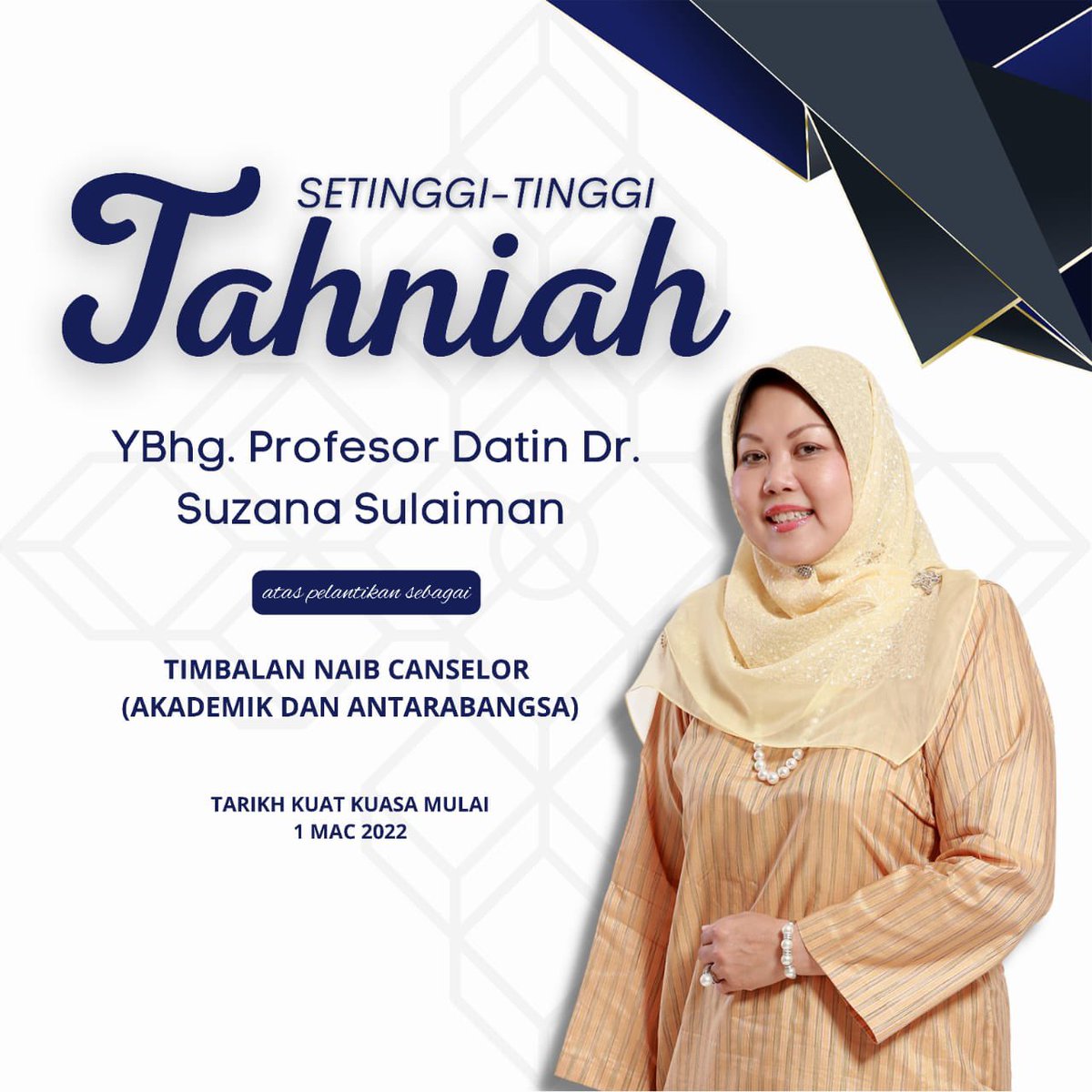 Majlis Perwakilan Pelajar UiTM Cawangan Pahang sesi 2021/2022 ingin mengucapkan setinggi-tinggi tahniah kepada YBhg. Profesor Datin Dr. Suzana Sulaiman atas perlantikan sebagai Timbalan Naib Canselor (Akademik dan Antarabangsa).