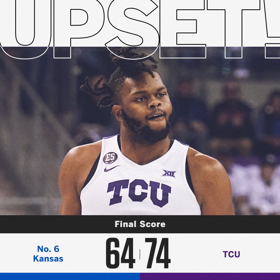 espn's tweet photo. Down goes No. 6 Kansas 👀
@TCUBasketball has won consecutive games against AP top-10 opponents within a season for the first time in program history❗ https://t.co/PcUOqOo7m0