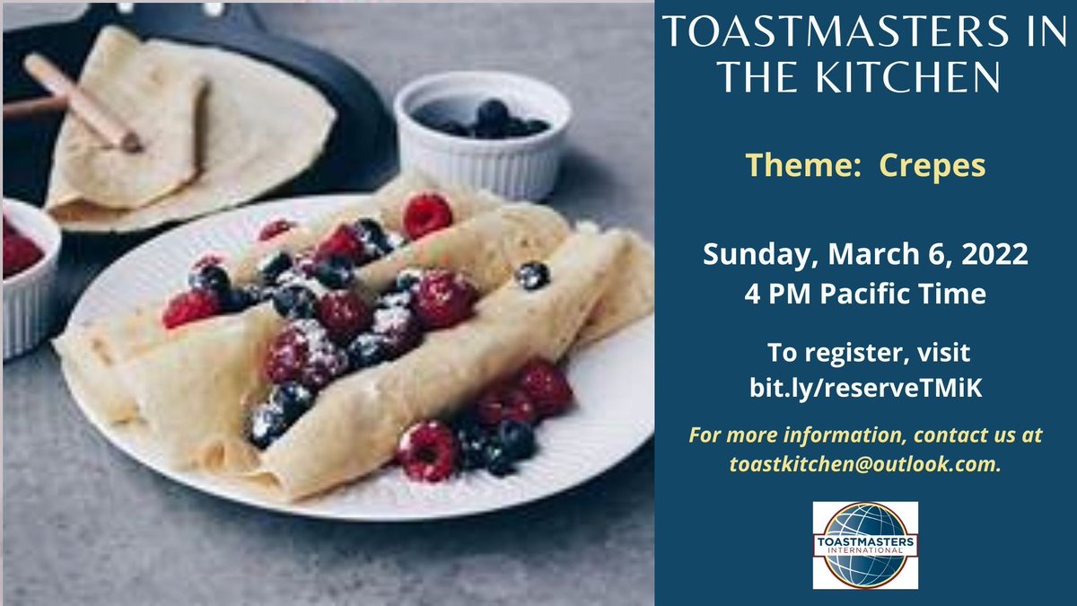 Sunday at Toastmasters in the Kitchen tomorrow, March 6, 2020, at 4 PM Pacific Time on Zoom!
Our theme is: Cakes
To register, visit bit.ly/reserveTMiK
For more information, contact toastkitchen@outlook.com.