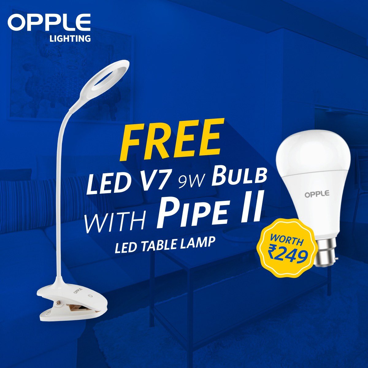 Oppleindia's tweet photo. Now get our ever-reliable V7 9W LED Bulb FREE worth Rs 250 with every purchase of the Pipe II table lamp. You can also avail this offer on Amazon.
Buy Now on Amazon - https://t.co/nMlApVsUyT
#LEDTableLamp #PipeTableLamp #FlickerFree #TableLamp #RechargeableLamp #ReadingLamp https://t.co/9k5SvOAwvL