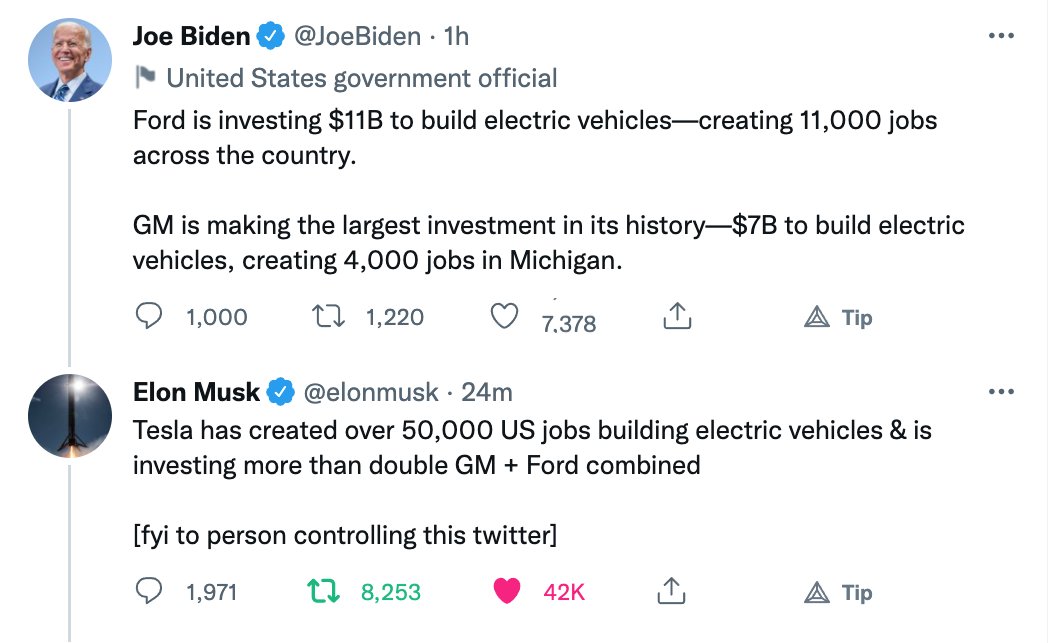 <a href="/elonmusk/">Elon Musk</a> <a href="/JoeBiden/">Joe Biden</a> Posted 40 minutes after Brandon with 6 times more likes so far. Let's see where this ends up.