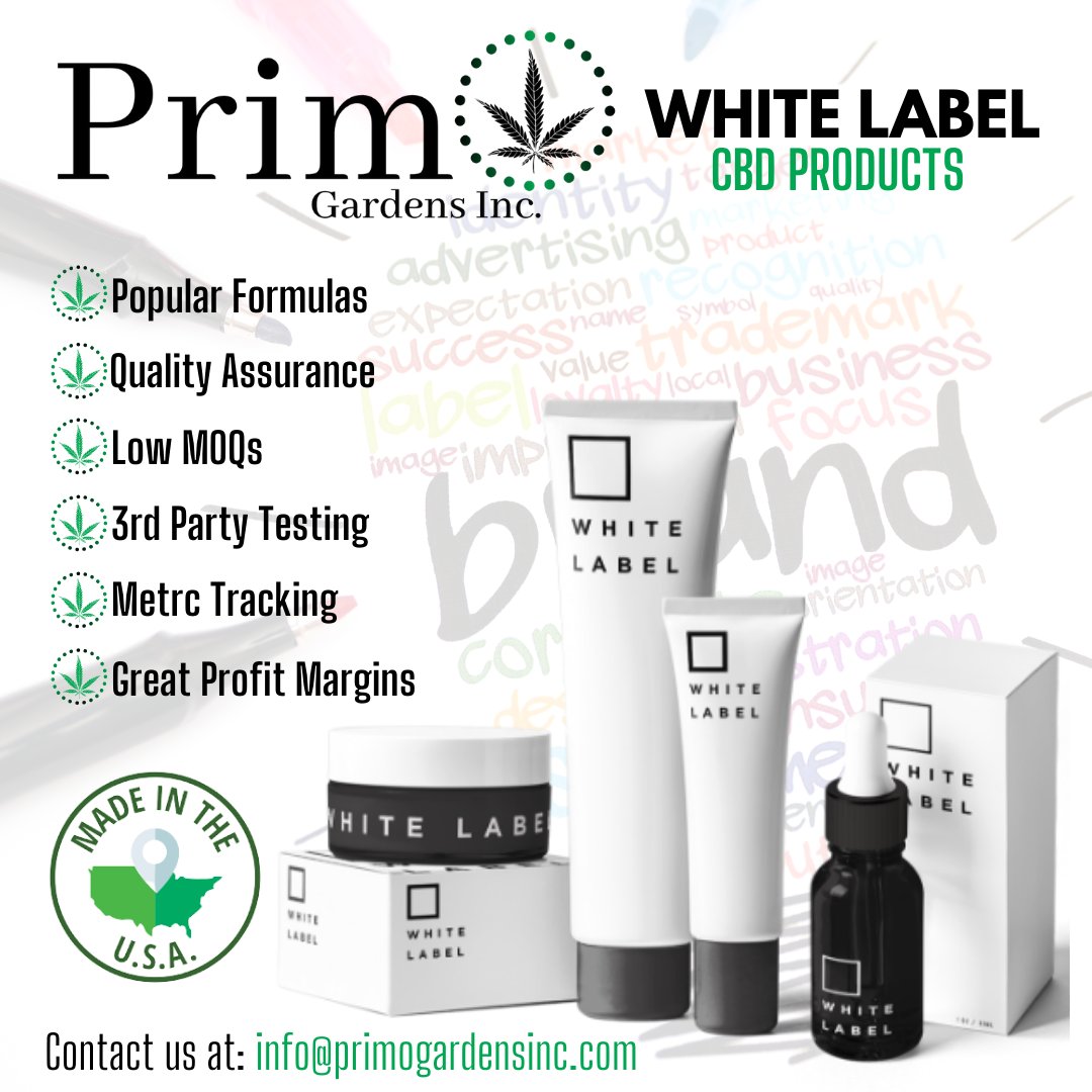 Looking for a #Reputable #CBD #Brand to #Whitelabel with great #ProfitMargins? Look no further! We offer #CompetitivePricing, #LowMOQs, #QualityIngredients and fast turnaround times. 

Give us a call or email us at info@primogardensinc.com for inquiries and more information.