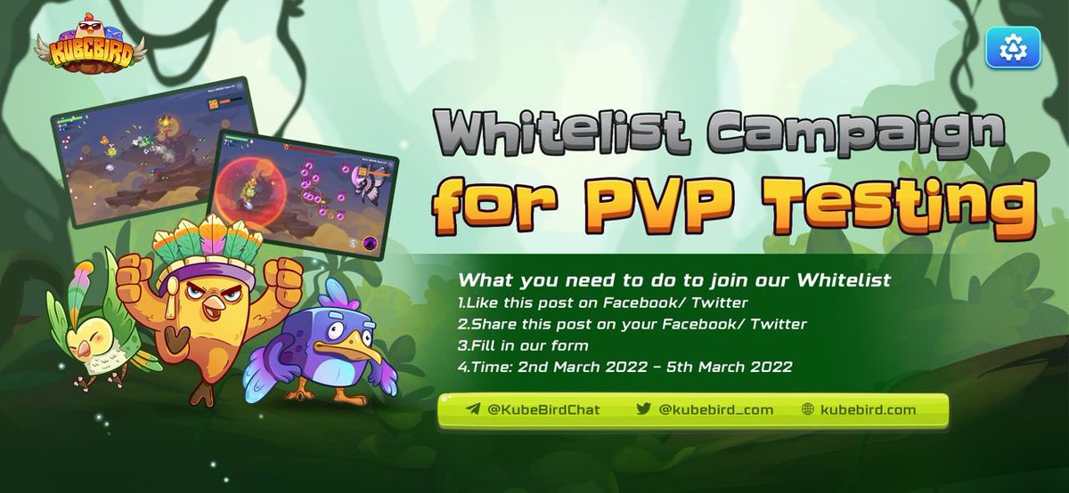 📣 IT’S TIME #KUBIES!!! ⏰ 

♦️How to get on our Whitelist♦️

1️⃣ Like this post on #Kubebird FB/ Twitter
2️⃣ Share this post on your FB/Twitter
3️⃣ Fill in: forms.gle/uBUikRbsoTk55o…

Kubebird's #Whitelist
Begin: 10:00 AM (UTC+0) March 2nd, 2022 
End: 10:00 AM (UTC+0) March 5th, 2022