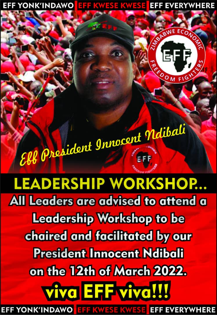 effzimpolitics's tweet photo. All EFF Zimbabwe leaders are advised to attend the Leadership Workshop that will be held at the EFF Offices in Bulawayo on the 12th of March 
#EFFZimbabwe 
#EFFEverywhere
#VivaEFF https://t.co/uGoapHJ741
