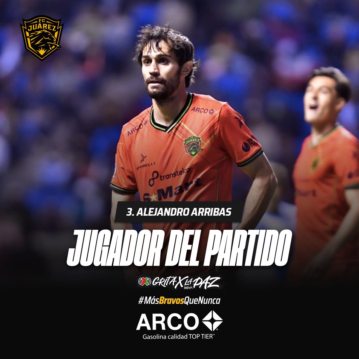 fcjuarezoficial's tweet photo. 💚🐎 ¡Por su garra, entrega y porque nuestra afición lo pidió, @A_Arribas5 es el jugador del partido! 🔝🇪🇸⚽

Presentado por: @arco 

#MásBravosQueNunca | #GritaXLaPaz https://t.co/g1mkVGdXW4