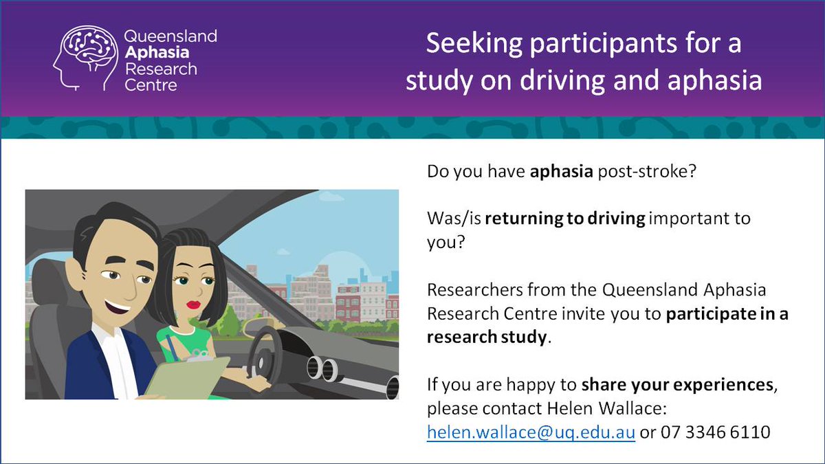 Helen Wallace (@helenwa08130363) on Twitter photo Researchers from the Queensland Aphasia Research Centre are looking for people with aphasia to share their experience of returning to driving or not, following stroke. Are you interested in taking part? Do you know someone who might be? Please email helen.wallace@uq.net.au Researchers from the Queensland Aphasia Research Centre are looking for people with aphasia to share their experience of returning to driving or not, following stroke. Are you interested in taking part? Do you know someone who might be? Please email helen.wallace@uq.net.au