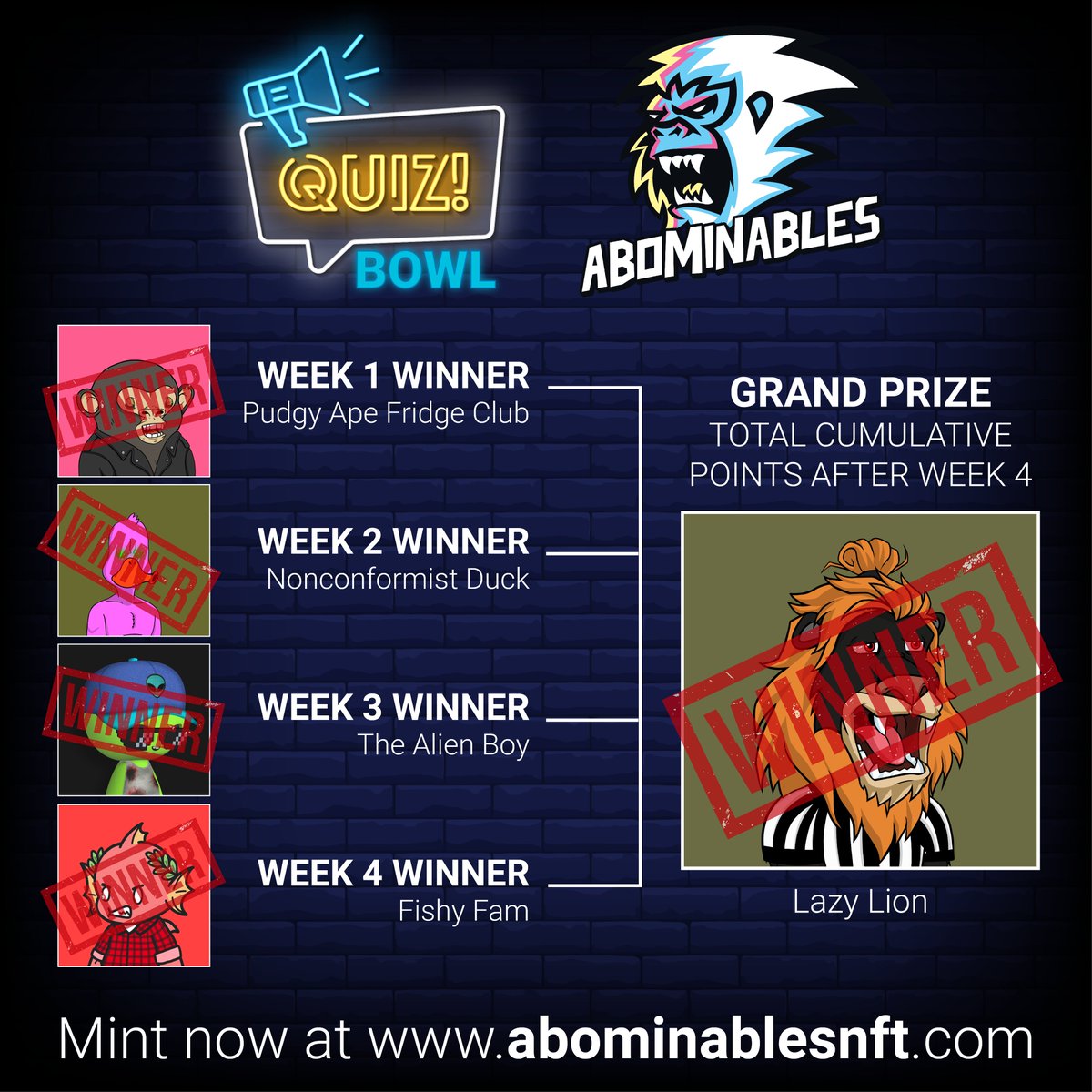 Just finished up our first quiz bowl and WOW what a nail biter! After 4 weeks of tough trivia and some awesome weekly prizes from <a href="/PudgyApes/">Pudgy Ape Fridge Club</a> @noncoducks <a href="/thealienboy/"></a> and <a href="/fishyfamNFT/">Fishy Fam</a>  we have finally crowned our King! Enjoy your Lazy Lion @muncy_nfts