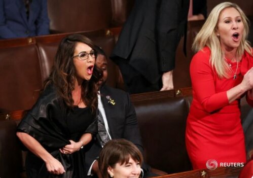 <a href="/MysterySolvent/">Mystery Solvent</a> Boebert and MTG. 
Boebert yelled out when the President was talking about his son and talking about Afghanistan and MTG screamed out Build the wall at the same time. They are both gutter trash.😡😡😡😡