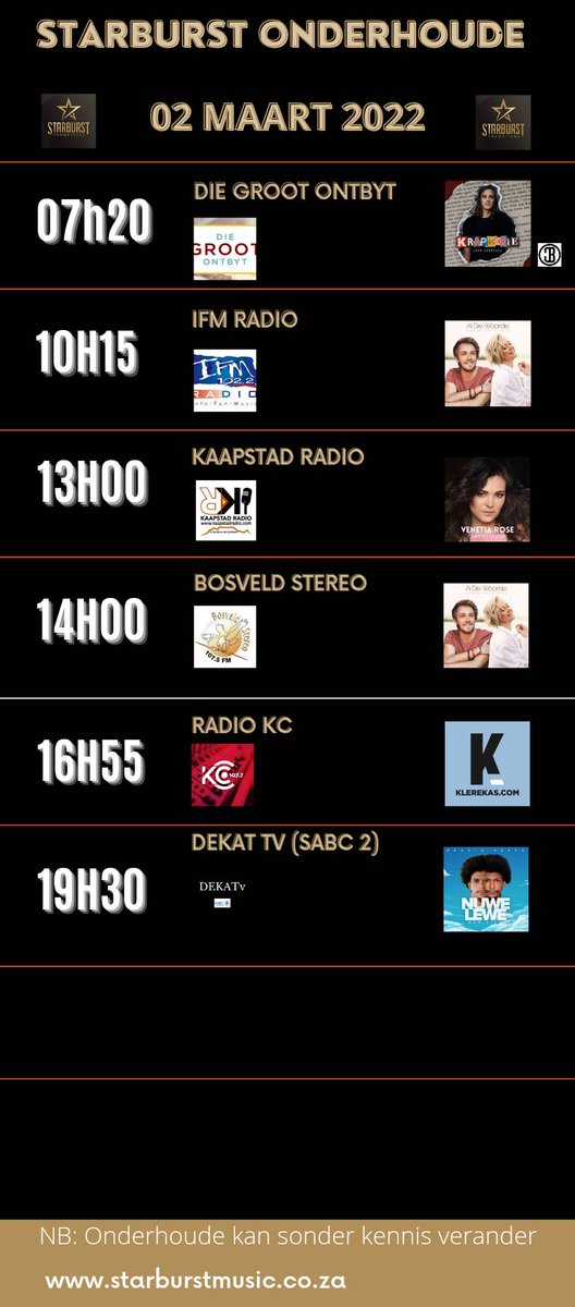 Die onderhoude vir vandag is hier!
Interviews you can expect for today!

#DieGrootOntbyt <a href="/zaanSonnekus/">zaan sonnnekus</a> <a href="/ifm102/">IFM102.2Official</a> <a href="/KaapstadRadio/">Kaapstad Radio</a> <a href="/VenetiaRose/">Venetia Rose</a> <a href="/BosveldStereo/">Bosveld Stereo 107.5</a> <a href="/Radiokc1077fm/">Radio KC 107.7fm</a> <a href="/SABC_2/">SABC_2</a>
