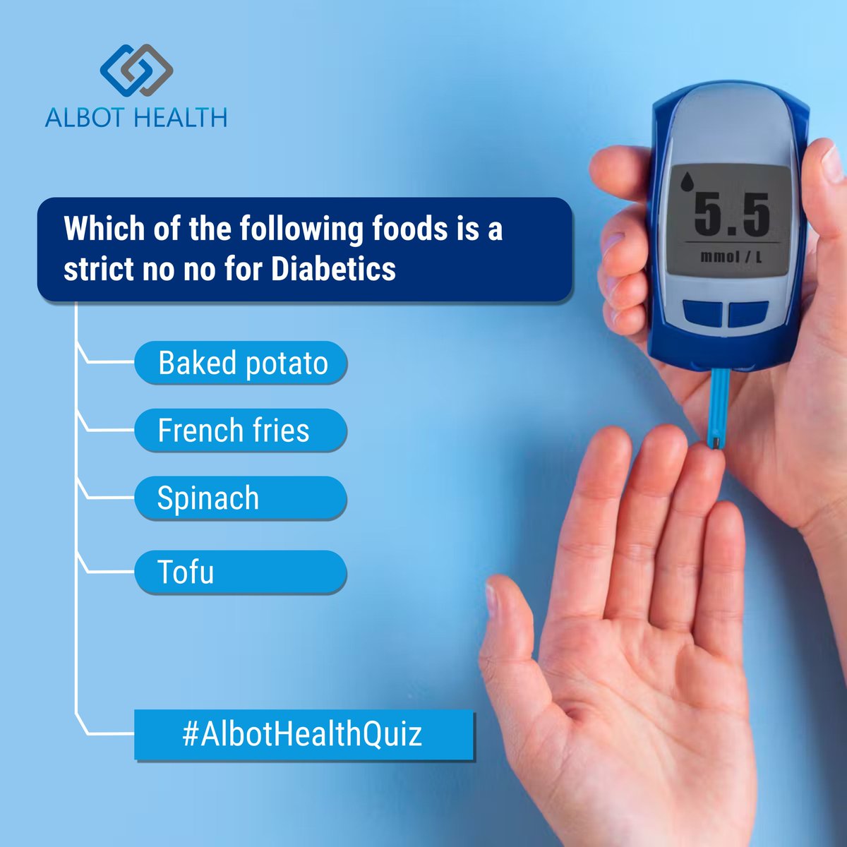 The right dietary knowledge can always come handy. Do you know which food should be rarely consumed by diabetics? Comment fast.

#AlbotHealthQuiz #HealthQuiz #Contest #diabetics #diabeticfood #diabetesfood #diabeticfriendly #diabetesdiet #quizoftheday #QuizTime