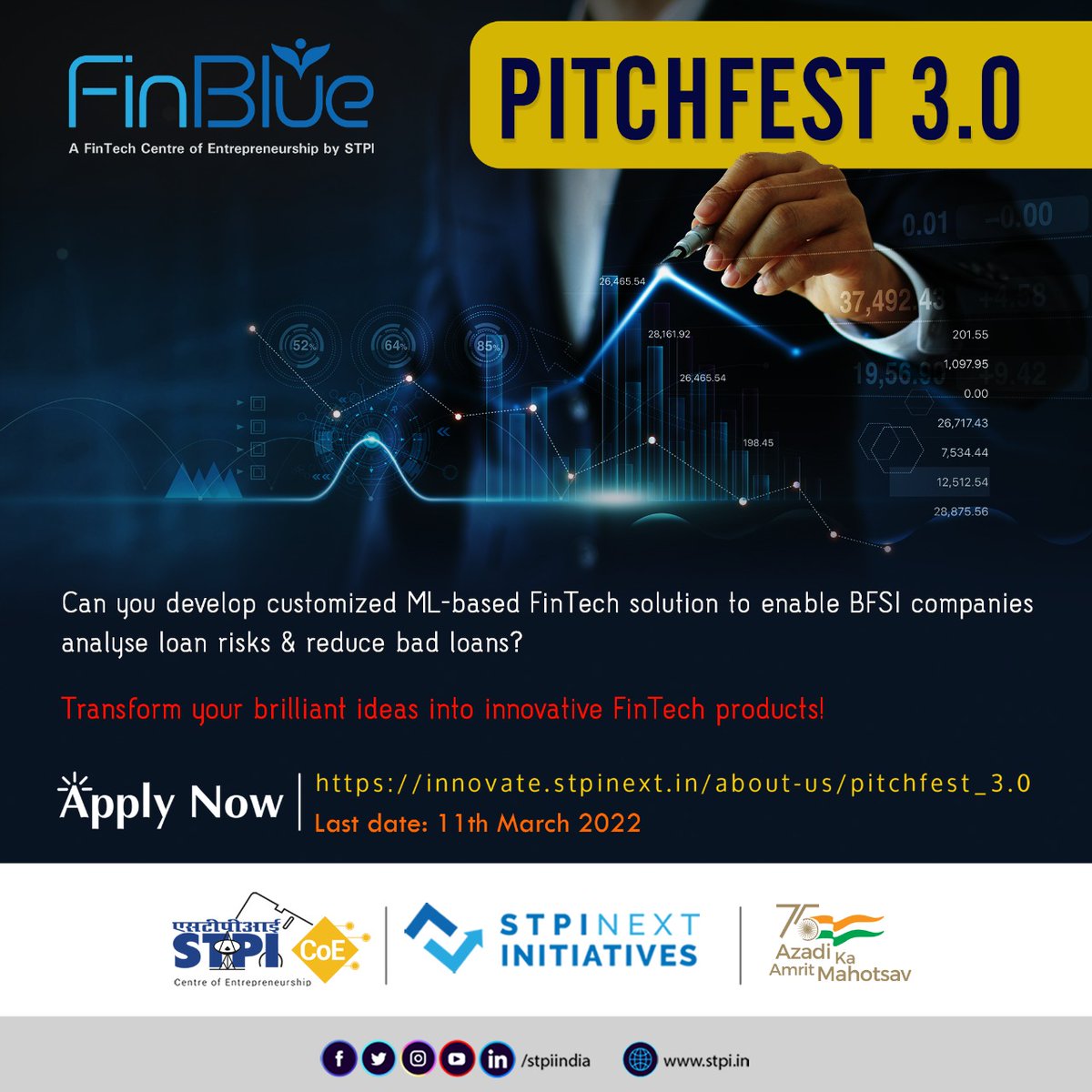 stpiindia's tweet photo. Can you develop customized #ML-based #FinTech solution to enable BFSI companies analyse loan risks and reduce bad loans? Join #PITCHFEST3.0 of #STPIFinBlue to shape your unique ideas into path-breaking #FinTech solutions. Apply now: https://t.co/XHwCZaKIwW. #STPIINDIA #STPICoEs https://t.co/1kRcO9Y7Mu