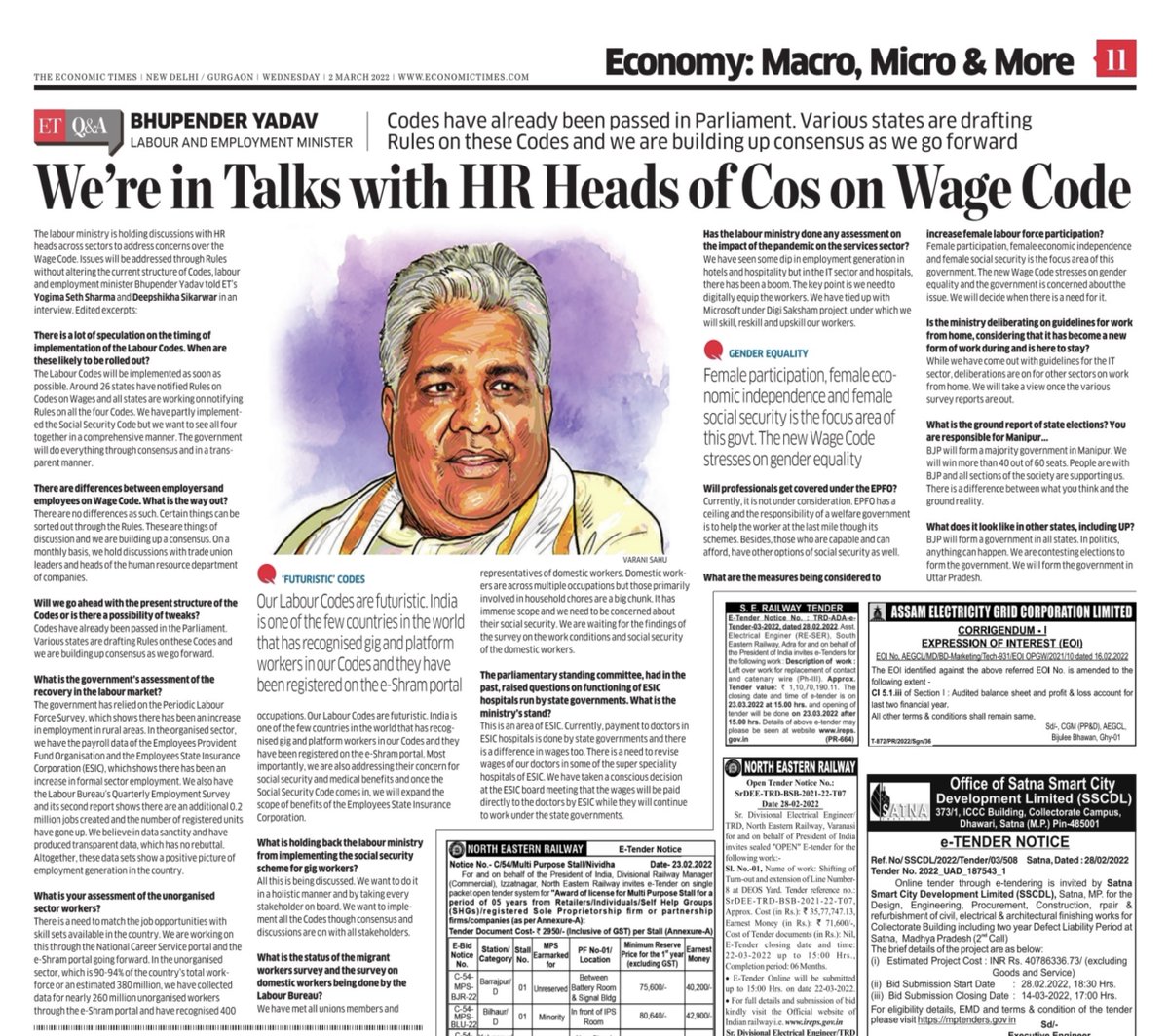 byadavbjp's tweet image. ‘We are in talks with HR heads of companies on Wage Code... Around 26 states have notified Rules on Codes Wages and all states are working on notifying Rules on all four Codes.’ 

I speak to @YogimaSethET and @deepshikhasET for The Economic Times.