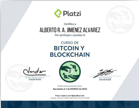 JimalbertDev's tweet photo. ¡Aprobé el Curso de Bitcoin y Blockchain en @Platzi! https://t.co/aFECa8127o #blockchain #Bitcoin #SmartContracts #criptocositas https://t.co/mmO3i1CZbW