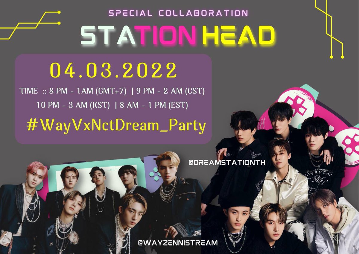 WayZenNiStream's tweet image. [STATIONHEAD - WayV x NCT DREAM]

By: @WayZenNiStream x @dreamstation_th 

✨Host : WayZenNiStream #WayVxNctDream_Party 

⏰ Date : 4 Mar
• 10PM - 03AM KST
• 9PM - 02AM CST
• 8PM - 01AM GMT+7 (ไทย)
• 8AM - 01PM EST

Save the date &amp;amp; join us!

#WayV #NCTDREAM 
#WayVxSTATIONHEAD