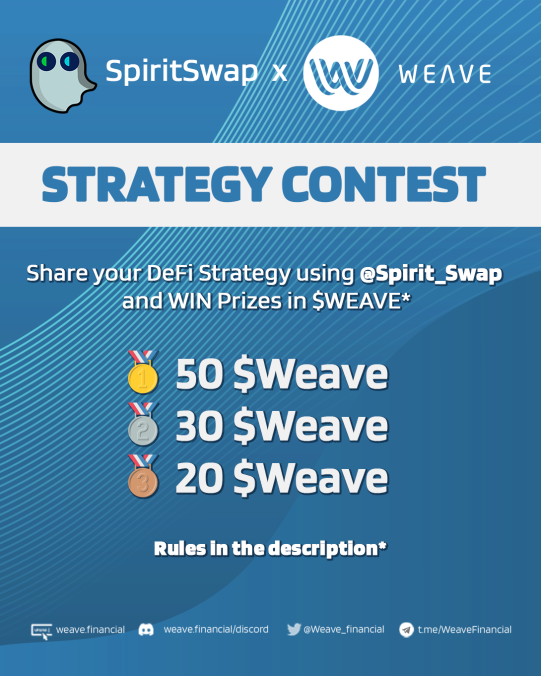 Weave_Crypto's tweet photo. The SpiritSwap x Weave: STRATEGY CONTEST! 

Share your DeFi Strategy using @SpiritSwap
Win Prizes in $WEAVE 💰

To Enter:
1. Quote Tweet this Tweet
2. Describe your strategy that uses @SpiritSwap in the 
     Quote Tweet
3. Follow SpiritSwap and Weave

Details below 👇🧵 https://t.co/pB9mmKGsfO