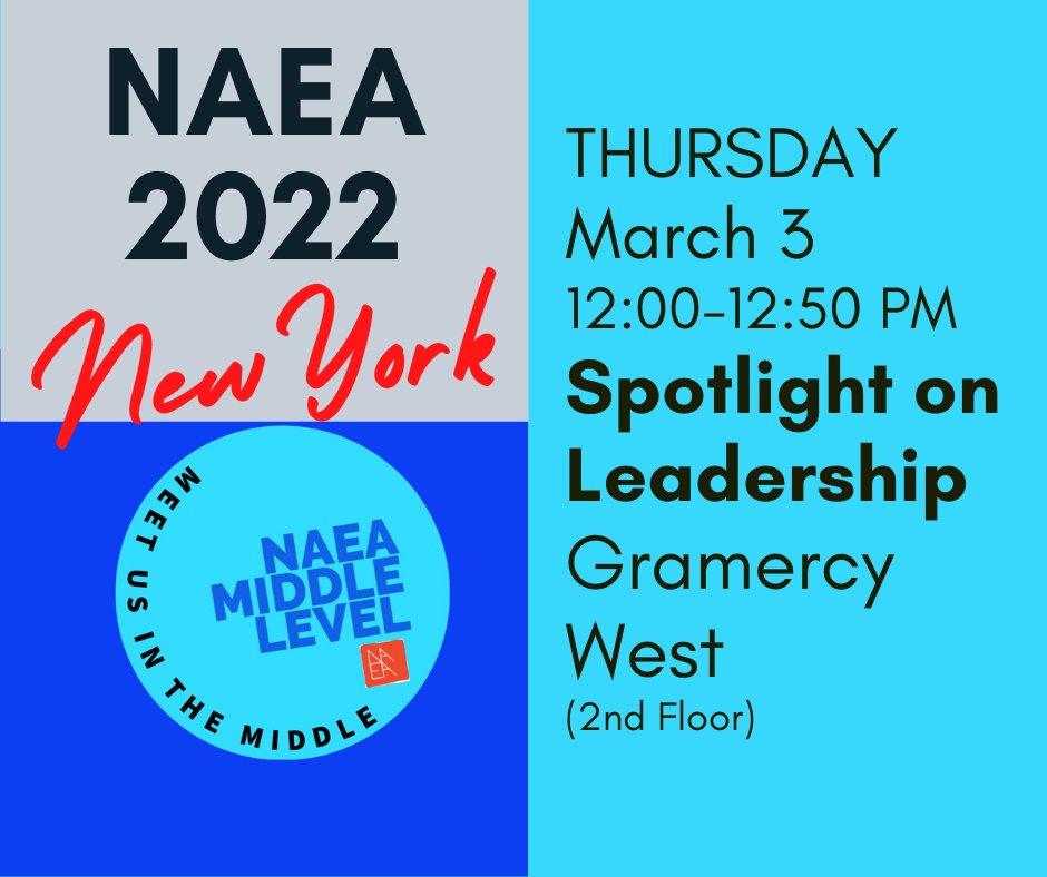 NAEAMiddleLevel's tweet image. Meet Me in the Middle! At NAEA 2022 NYC
I am thrilled to be in New York to meet with you. Please join our division sessions to reconnect and to win door prizes from Sax, Davis, StickTogether, Artsonia, and more! Much Love: Aimee Burgamy, NAEA Middle Level Director, 2021-2023.