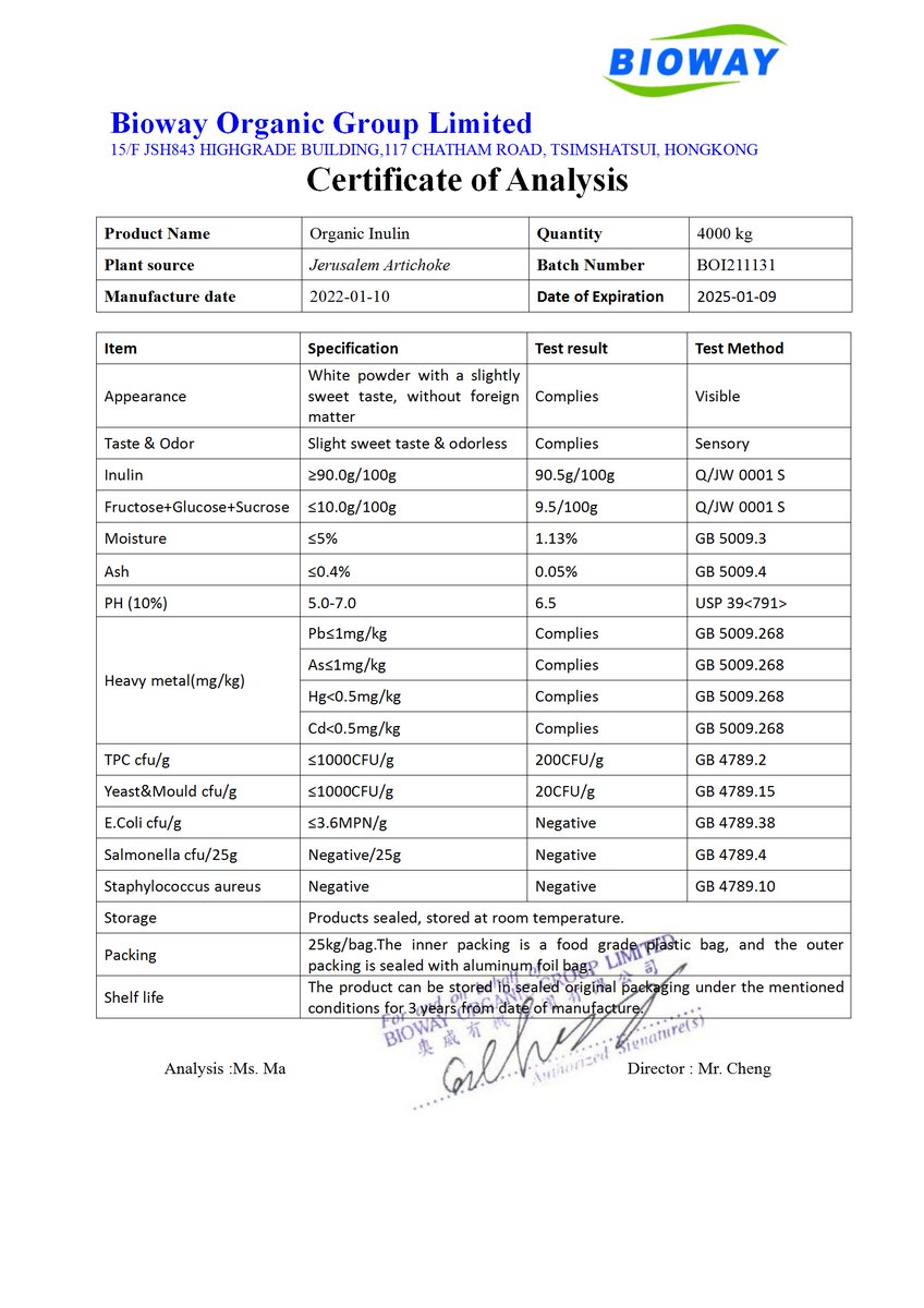 Inulin 90% from Chicory and Jerusalem Artichoke.
COA FYI!
Welcome to inquiry!!

#Inulin #Chicory #JerusalemArtichoke #COA