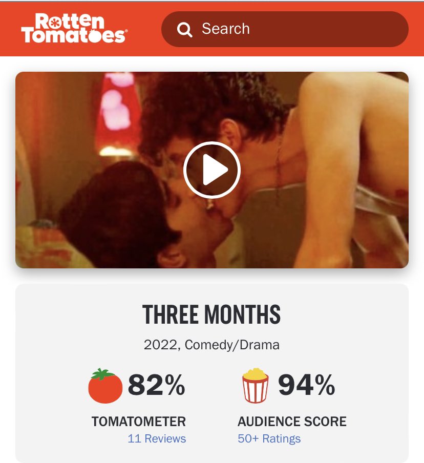 🍅 11 reviews = 82% 🙌
🍿 50+ audience ratings =94% 👏👏👏 #ThreeMonthsFilm 
@jaredfrieder @troyesivan