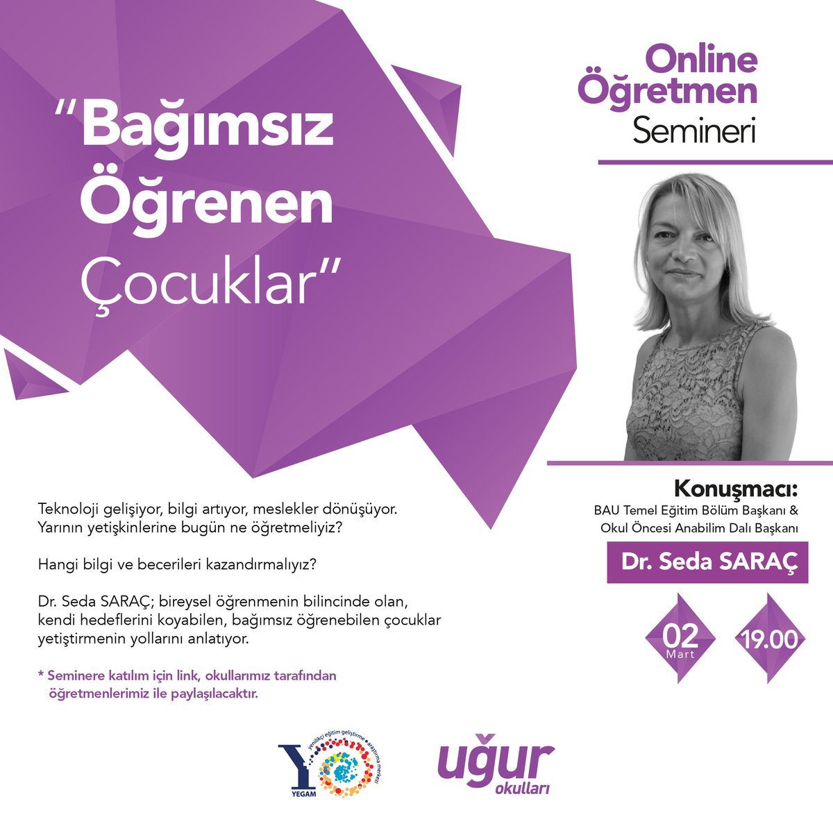 ardaergez's tweet photo. BAU Temel Eğitim Bölüm Başkanı ve Okul Öncesi Anabilim Dalı Başkanı Sn @seda__sarac hocamız bugün 19.00’da Uğurlu okul öncesi öncesi ve ilkokul öğretmenlerimiz ile “Bağımsız Öğrenen Çocuklar” seminerinde bir araya gelecek.

 @UgurOkullari @yegam_egitim https://t.co/PKBDkdkJ5d