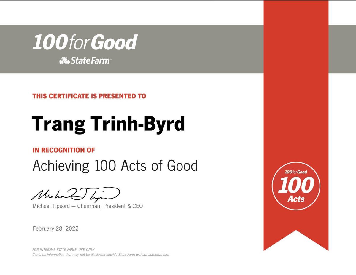 itstrangtrinh's tweet photo. 100 and Counting! 💯 

It's my responsibility as a State Farm Agent to take care of my community ❤️

Thanks to our Chairman, President and CEO for recognizing these Acts of Good 👊🏽

#InsureWithByrd
#PayItForward
#ActsOfGood https://t.co/ylZMcf58sS