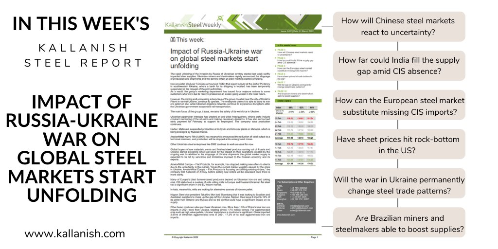 Read the hot topics in the latest <a href="/kallanish/">Kallanish</a> steel weekly report: Impact of #RussiaUkraineWar on global steel markets start unfolding. 
Find out more: kallanish.com/en/weekly-stee…
#steel