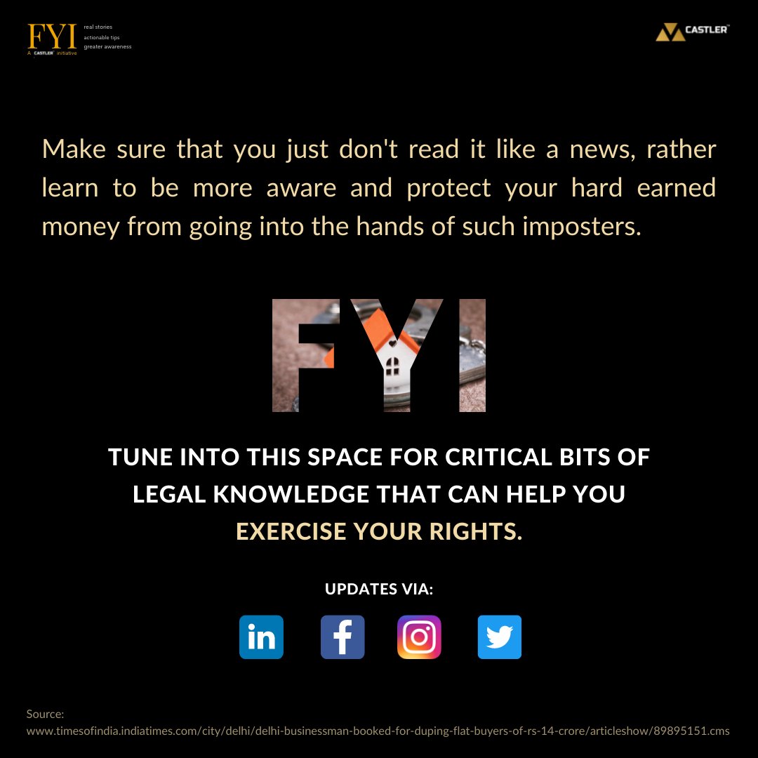 castler_escrow's tweet photo. Awareness is like sun. When it shines on things, they are transformed. With FYI initiative, we are taking a small step to deliver you stories so that you protect yourself from payment scams.
#Castlerit #Wednesdaythought #Property #Scam #Scammer #Delhi #Consumer #Realestate https://t.co/tPlJm0NaTc