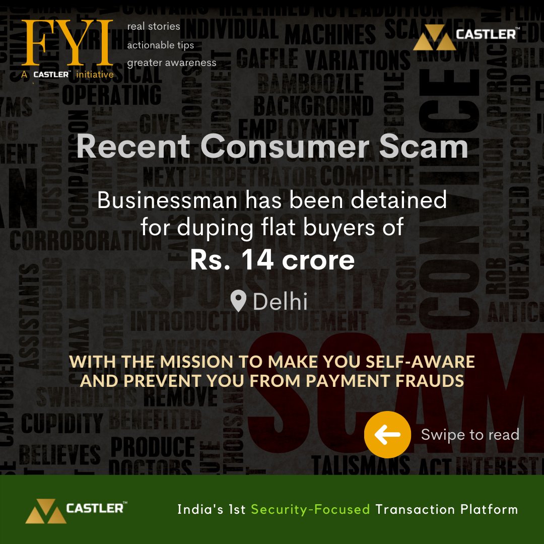 castler_escrow's tweet photo. Awareness is like sun. When it shines on things, they are transformed. With FYI initiative, we are taking a small step to deliver you stories so that you protect yourself from payment scams.
#Castlerit #Wednesdaythought #Property #Scam #Scammer #Delhi #Consumer #Realestate https://t.co/tPlJm0NaTc